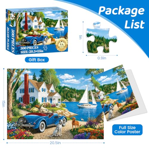Rompecabezas de 500 piezas para adultos: paisaje lacustre con montañas, cabaña y auto clásico azul; rompecabezas jigsaw con perro y cachorro, ideal para adolescentes, adultos y mayores miniatura 2