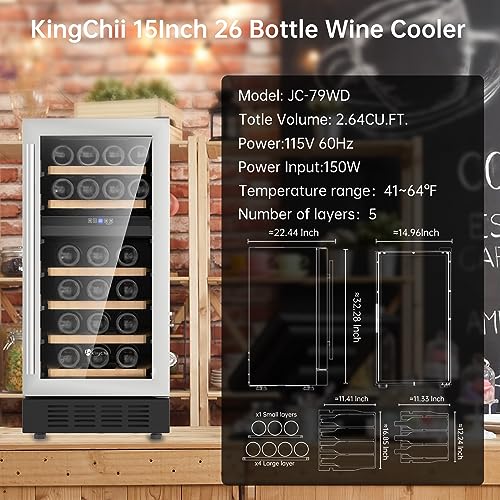 Image of KingChii 15 Inch 26 Bottle Dual Zone Wine Cooler Refrigerator Professional Compressor, Stainless Steel & Tempered Glass For Red Wine, Champagne - Built-in or Freestanding for Home, Kitchen, or Office