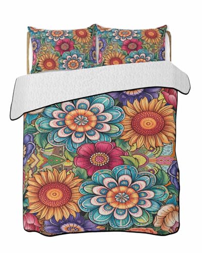 RisQiten Quilts Queen Size Bedding Set, Boho Teal Flower Reversible