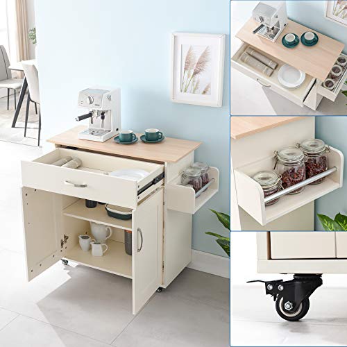Cozy Castle Kitchen Island on Wheels Kitchen Cart Trolley with Storage, Drawers, Cabinet, Towel Rack and Wood Top Kitchen Cart for Home Hotel Kitchen Dinning Room (White)