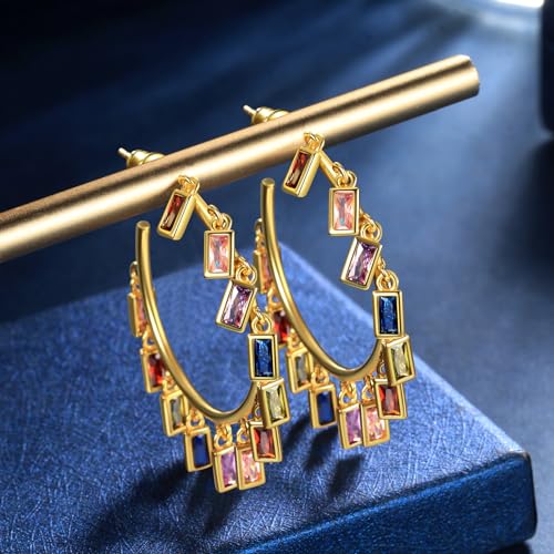 beautlace Colored Zircon Geometric Drip tassel Stud Earrings 18K Gold Plated Round Hoop with Colorful Zirconia Jewelry for Women4