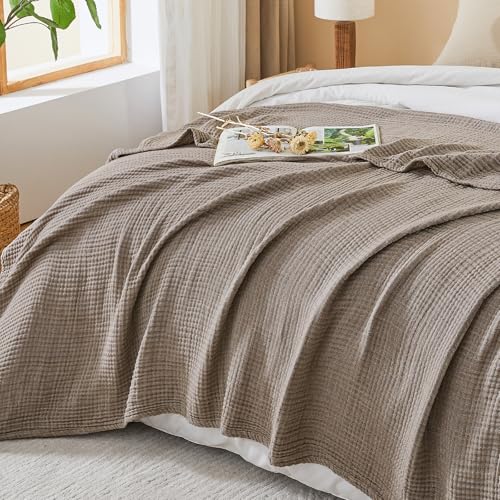 EMME Cotton Muslin Queen Blanket Bed Layering Bedspread Coverlet Breathable Gauze Soft Lightweight Blankets (Heather Brown, 90"x90")