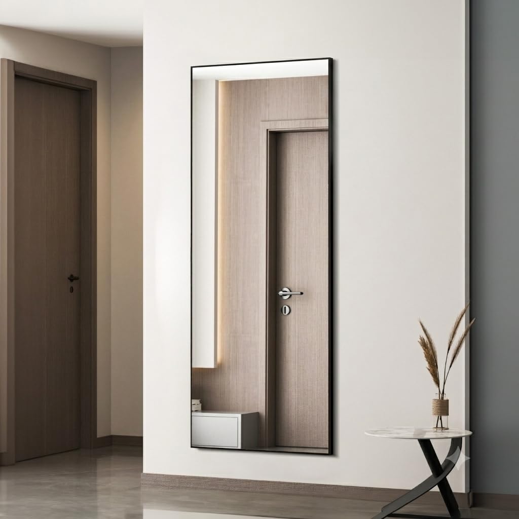 Simple Deluxe Specchio da appendere, 164 x 53 cm, specchio a figura intera per camera da letto, specchio da pavimento con supporto, cornice in alluminio, grande specchio per guardaroba, nero