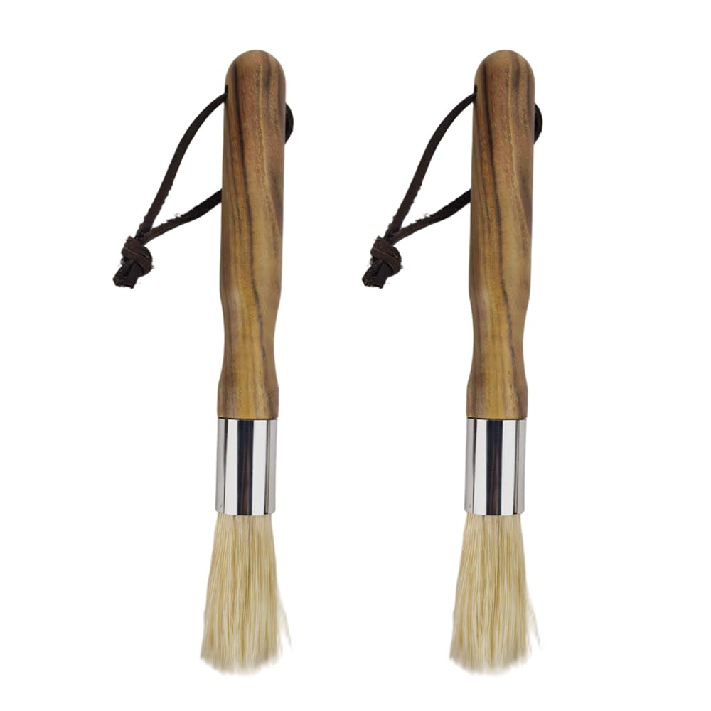 2PCS Round Boar Bristle Paint Brushes, Solid Wood Handle Basting Brush with No Shedding Design for Baking Sauce Spreading Coffee Grinder Cleaning