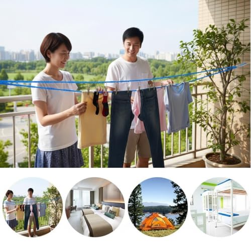 Image of Hanging Rope with 8 Clips for Clothes Drying | Polyethylene Quality, 5m Lenght of 1 Set