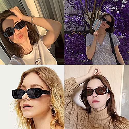 2 Pack Retro Fashion Rectangle Sunglasses Small Square Frames Sun Glasses 90s Vintage Wide Frame Eyewear for Women and Men UV 400 Protection (Black Frame Grey Lens and leopard Frame Brown Lens) - Image 3