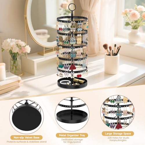 Image of MODOWEY 5 Tier Rotating Earring Holder Organizer, Adjustable Display Tree with Metal Tray, 220 Holes Jewelry Rack for Pierced Stud Hoop Dangle, Large Capacity Space-Saving Stand for Women (Black)