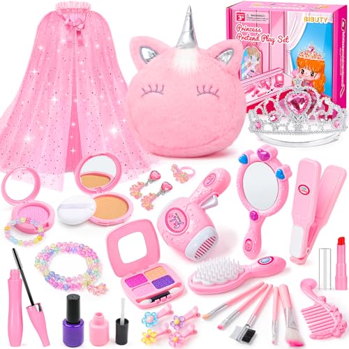 Kids Makeup Kit for Girl, Princess Toys Pretend Play Makeup Girls Toys, Kids Makeup Sets for Girls Beauty Salon Set Hair Accessories with Mirror, Hairdryer, Princess Cape Crown Handbag,Birthday Gifts