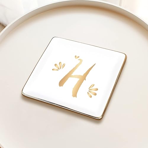 Miniatura 7 de Rarehaus Plato de anillo de cerámica plato de anillo personalizado y platos de baratija con inicial de oro para tu madre o mejor amiga 26 letras
