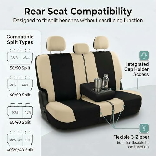 Image of FH Group Automotive Seat Covers Light & Breezy Flat Cloth Seat Cover Three Row Set Beige, Airbag and Split Rear Car Seat Cover Universal Fit Interior Accessories Cars Trucks SUV Car Accessories