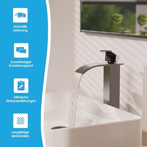 Bächlein Badarmatur Tamina in Wasserfall-Design, Einhebelmischer mit langlebiger Keramikkartusche und Montage-Set, Bad Wasserhahn Anthrazit