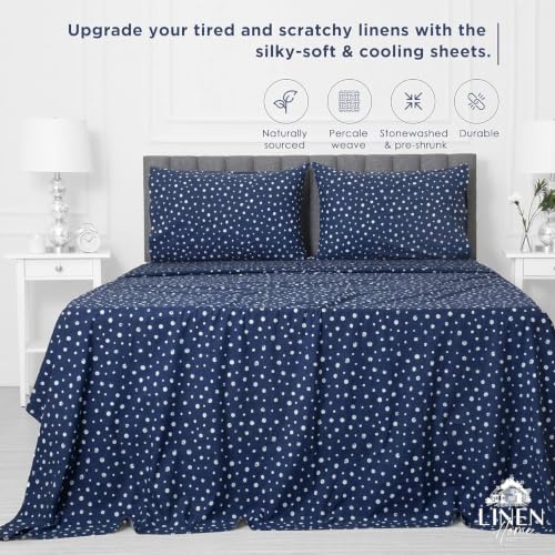 Image of Linen Home 100% Cotton Printed Percale Sheets Cal King Size, Polka Navy