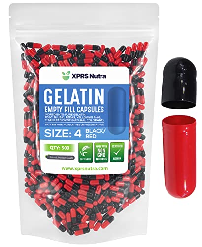 Image of XPRS Nutra Size 4 Empty Capsules - 500 Count Small Empty Gelatin Capsules - Pills DIY Capsule Filling - Fillable Bovine Pill Gel Caps for Do-It-Yourself Supplements (Black /Red)
