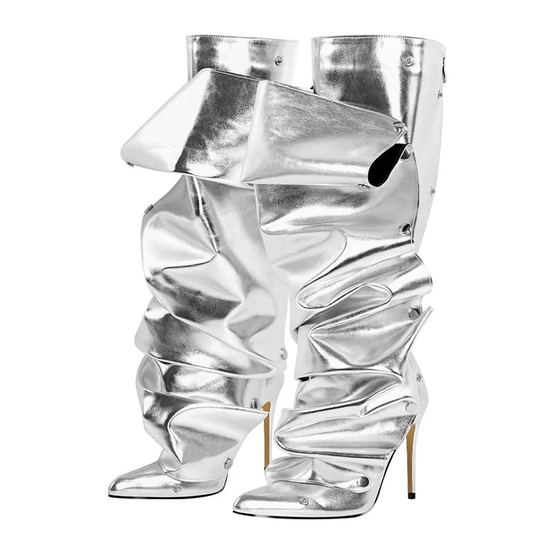 Women's Silver Knee High Boots - Sexy Stiletto Heel Pointed Toe Booties - Trendy, Edgy - All Seasons - Casual - Women's Fashion Boots3