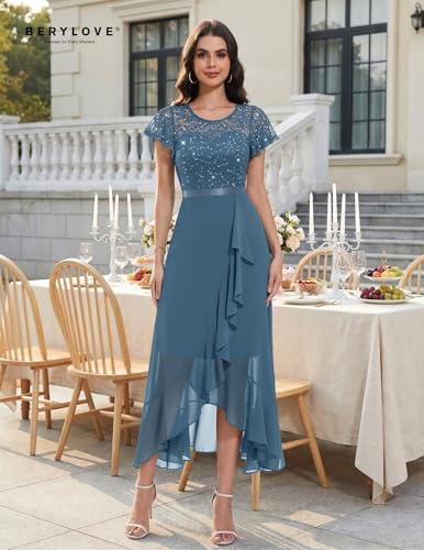 Image of BeryLove Formal Long Dresses for Women Wedding Guest Cocktail Bridesmaid | Airy Lace & Chiffon Evening Gown, Flutter Sleeve, Ideal for Mother of the Bride, Prom, Homecoming Party & Semi-Foraml Events