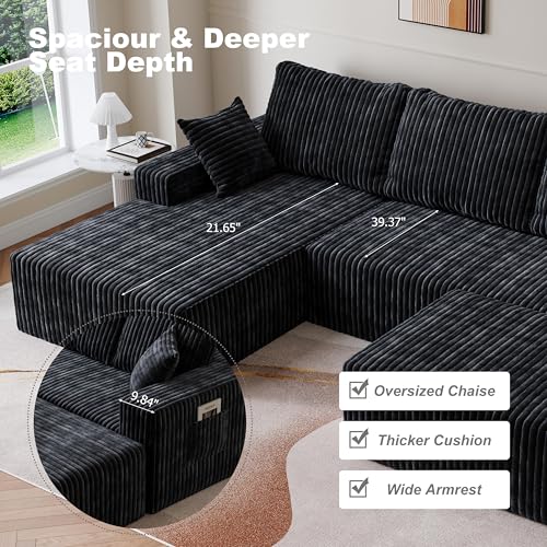Image of Modular Sectional Sofa Couches L-Shape Couch 3 Seat Modular Sofa Memory Foam Sectional Couches for Living Room (Black, 108 inch+Left Chaise + Ottoman)