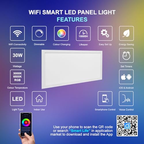 Long Life Lamp Company Smart Bluetooth WiFi 30w LED Ceiling Panel Light 300 x 600 Ceiling Light RGB Colour Changing WFP3X6 - Image 4