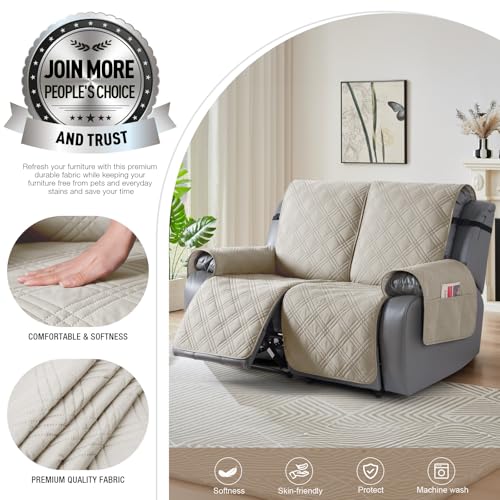 Image of TAOCOCO 100% Waterproof Loveseat Recliner Cover, Non Slip Split Recliner Couch Cover with Elastic Straps Pocket, Washable Reclining Sofa Cover Furniture Protector for Kids, Dogs, Pets(2 Seater,Cream)