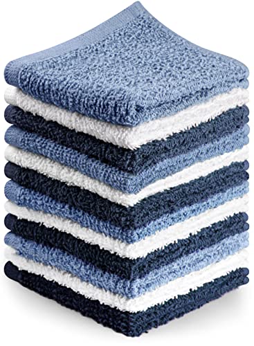 Image of Towel and Linen Mart 100% Cotton - Wash Cloth Set - Flannel Face Cloths, Highly Absorbent and Soft Feel Fingertip Towels (Navy, White & Sky Blue, Pack of 12)