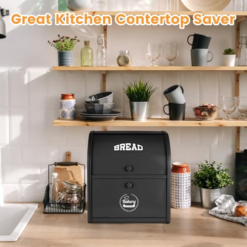 Esilihom Bread Bin, Bread Bins for Kitchen, 2-Layer | Large | Roll Top | 30 x 24.5 x 32.5cm, Black - Cosy Home Interiors Esilihom Bread Bin, Bread Bins for Kitchen, 2-Layer | Large | Roll Top | 30 x 24.5 x 32.5cm, Black - Image 4