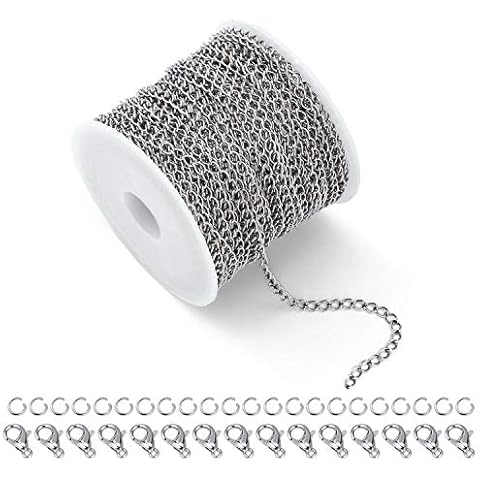 33 Füße Ketten Basteln Gliederkette Edelstahl Kabel Kette Silber Halsketten mit 20 Karabinerverschluss und 50 Sprung Ringe für DIY Schmuckherstellung,Silber(3 mm) Cover