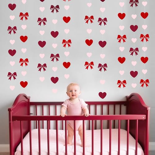Image of Heart Bow Decorations Burgundy Red Pink Heart Bow Hanging Garland Streamer for Anniversary Birthday Valentines Bachelorette Wedding Baby Shower Bridal Shower Engagement Hen Party Decorations Supplies