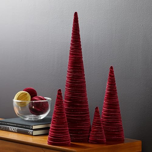 Image of Set of 4 Burgundy Velvet Trees, Elegant Fabric Winter Mantel Decor, Luxurious Artisan Accent, Winter Valentine Tree, Centerpiece (Burgundy)