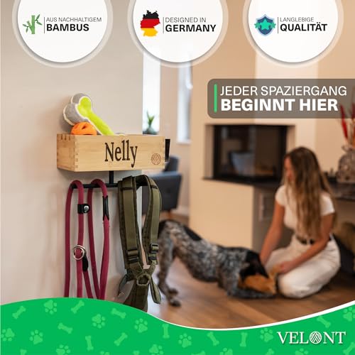 VELONT Hundegarderobe mit Ablage Personalisiert - Größe XL - Perfekter Leinenparkplatz - Bambus - Dogstation für Leinen & Zubehör - Inkl. Kotbeutelspender und Montagekit (04 L Gravur)