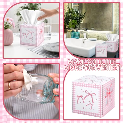 Image of Fourluoo 12 Pack Pink Bow Facial Tissue Cube Boxes 600 Sheets 3 Ply | Square Bow Coquette Party Style, Small Square Face Tissues Bulk for Birthday Bridal Bachelorette, Gingham Checkered Decor