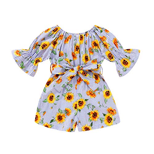 Image of YOUNGER TREE Kids Toddler Baby Girls Summer Outfit Off-Shoulder Sunflower Overall Romper Jumpsuit Short Trousers Clothes