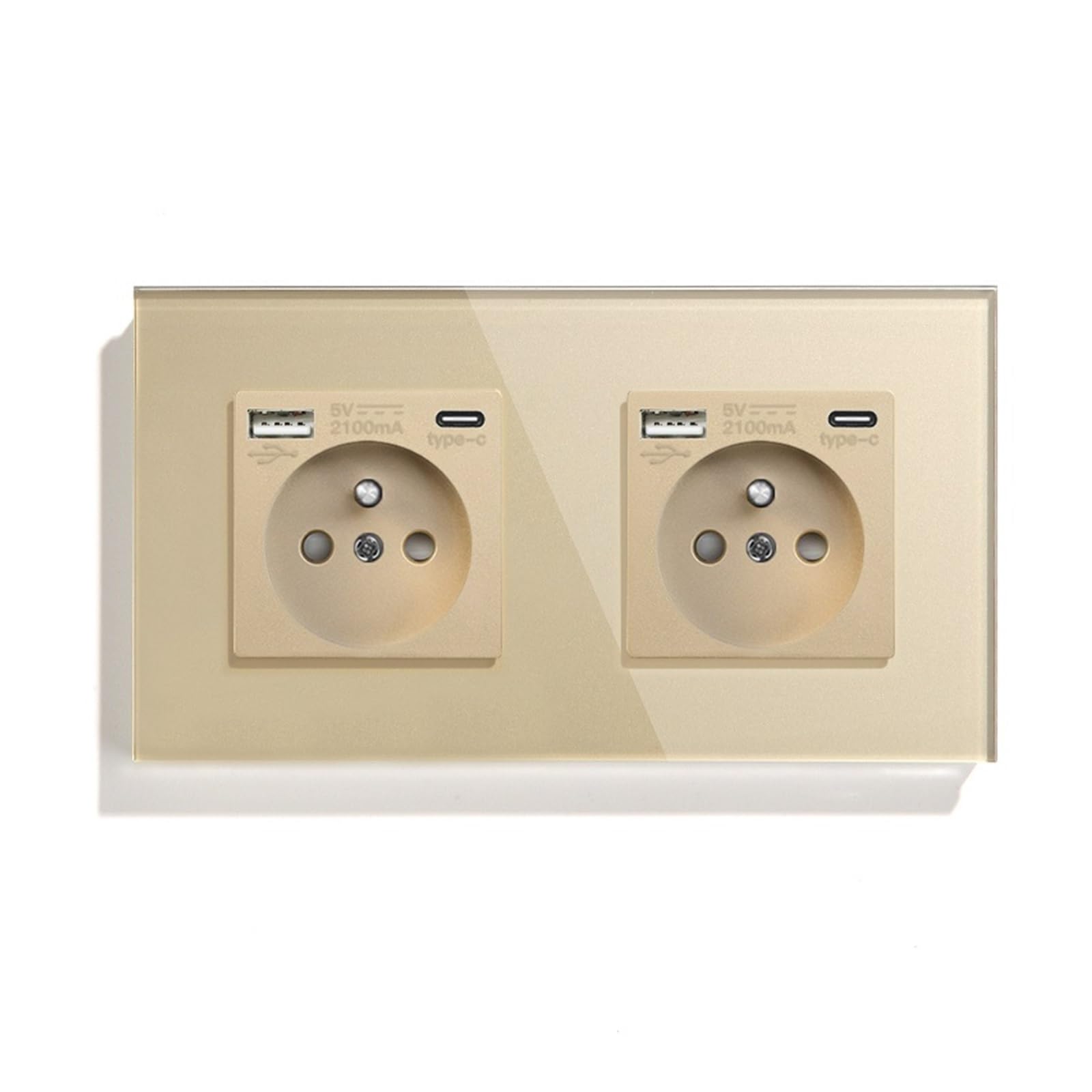 Prises de courant murales simples, Standard français, Double prise de Port USB type-c, panneau en verre cristal, Protection des enfants 16A(Double Socket Gold)