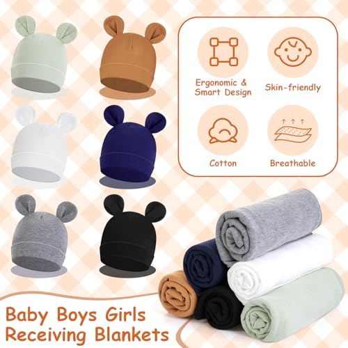 Image of Ramede 6 Set Baby Swaddle Blanket and Hat, 100% Cotton Newborn Receiving Blanket Wrap with Headband, 31.5 inch Soft, Breathable for Girl Boy Nursery Sleep Cradle Sheet Breastfeed Cover(Simple,Multicolor)