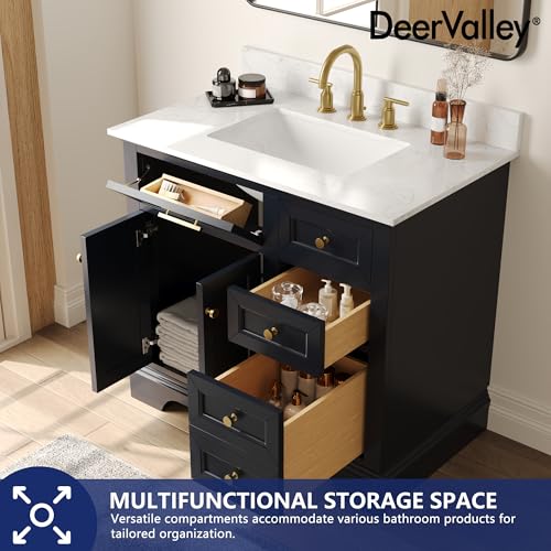 Image of DeerValley 36 Inch Bathroom Vanity with Ceramic Sink Top, Pre-Assembled | Modern Wood Bathroom Cabinet Sink Combo with Backsplash, DV-1BV0155BU