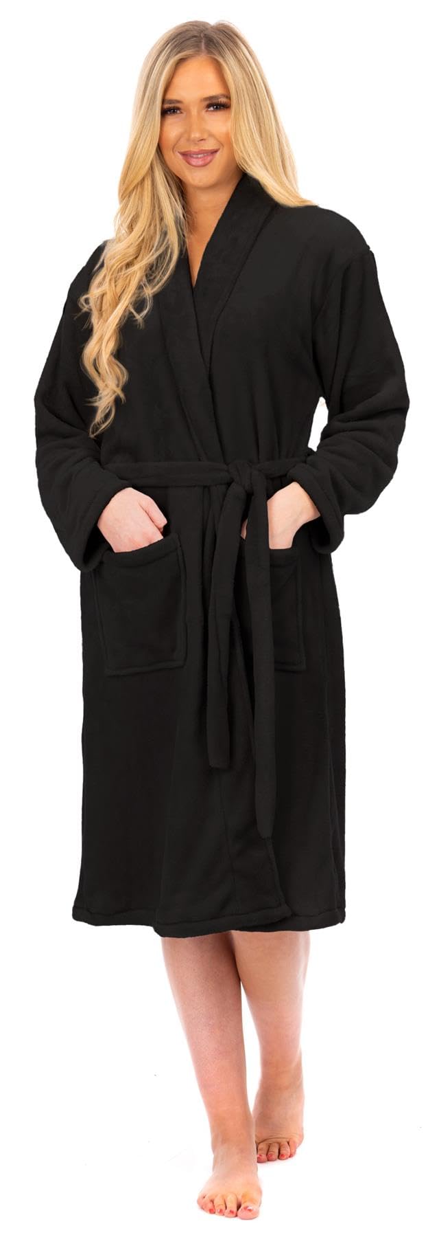 Adore Home Women's Black Flannel Fleece Bathrobe Soft & Warm Dressing Gown Bath Robe, 4XL-5Xl