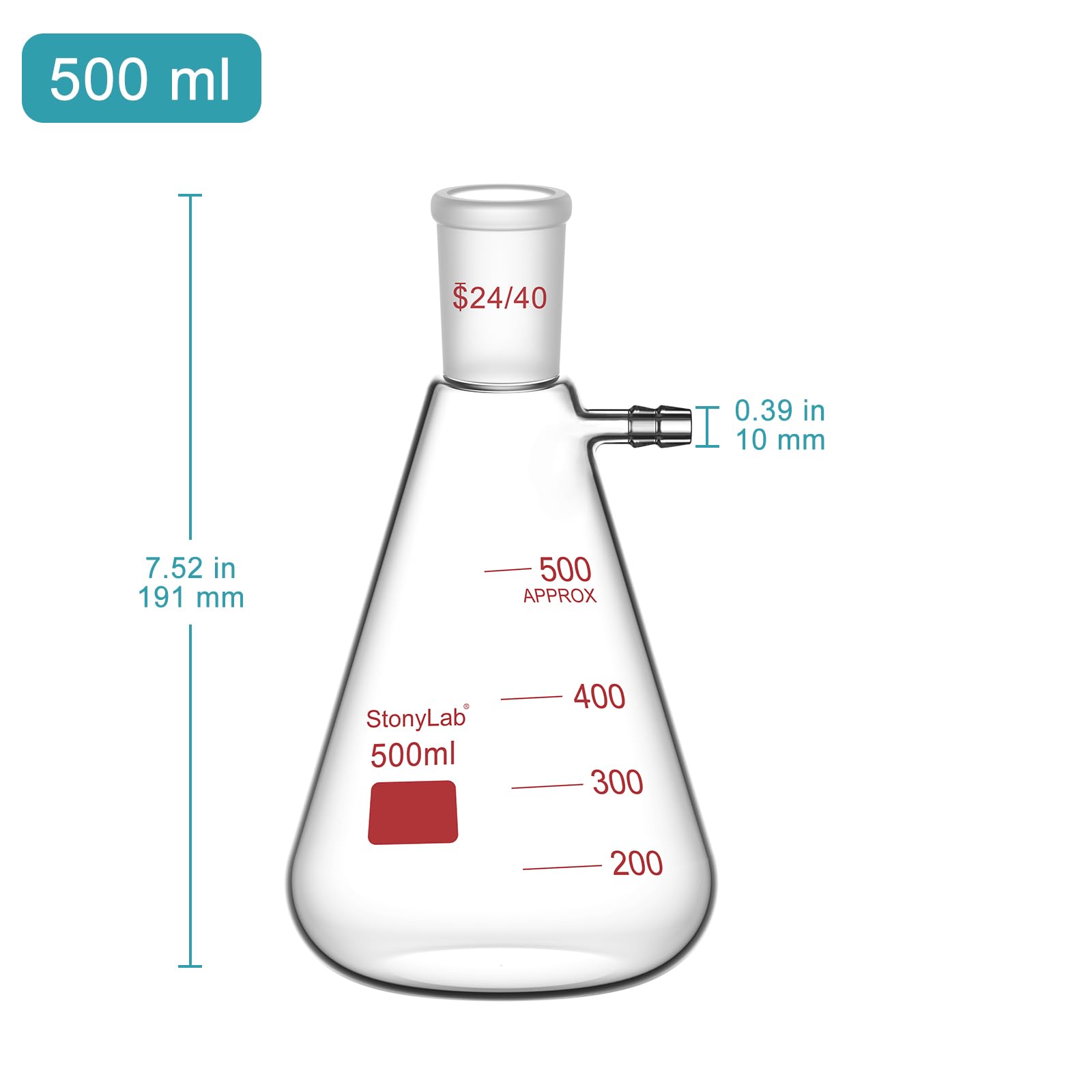stonylab Filtering Flask with 24/40 Standard Taper Outer Joint, Heavy Wall Borosilicate Glass Filter Flask, Bolt Neck with Tubulation, 500 ml — Amazon image 2