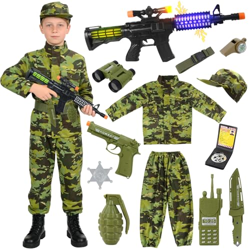 Deguisement Militaire Enfant, Costume Militaire Enfant Camouflage Militaire Déguisements pour Enfants,avec Costume Armée,Chapeau,Télescope,Walkie Talkie pour Halloween Carnaval Cosplay (120-130CM)
