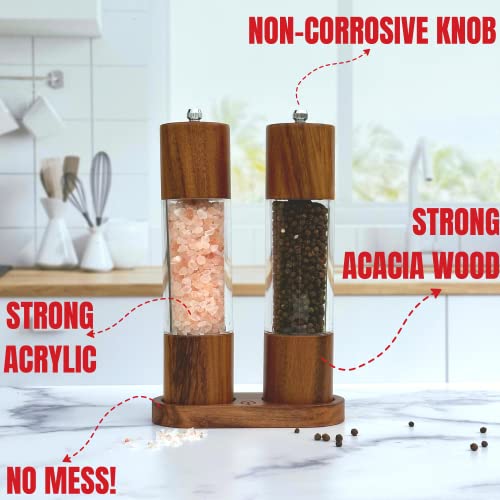 Premium Wooden Salt And Pepper Grinder Set With Tray - Acacia Pepper Grinder Mill Set With Wood Tray -Carbon Steel And Ceramic Core Shaker-Salt Grinder Set- Timbers Kitchen (Acacia Wood) (Acacia) #TOP5