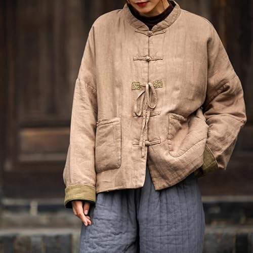 HEARTTOUCH Khaki Quilted Lightweight Short Jacket: Cozy Cotton Linen Outerwear with Pockets for Effortless Style - Image 2