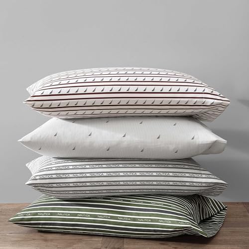 Image of Nautica - Full Sheet Set, Breathable & Cooling Microfiber Bedding with Matching Sham(s), Casual Bedding Set (Striped Nautica Logo Grey, Full)