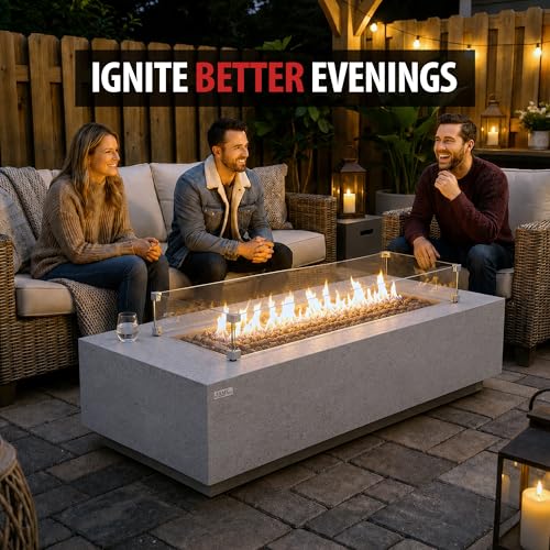 Image of AMS Creations | Savanah 72 inch Rectangular Cast Concrete Propane Gas Fire Pit Table | Light Gray | Travertine Texture Surface | Electronic Ignition | Outdoor Patio Heater Outside Backyard Fireplace