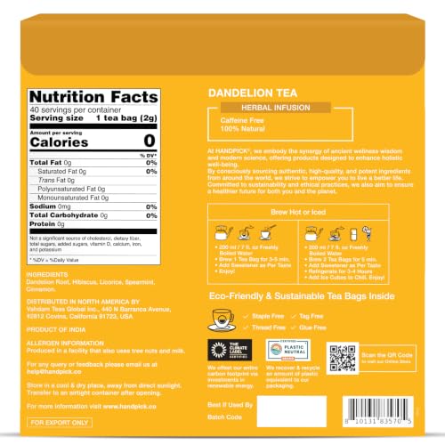 Image of HANDPICK - Dandelion Root Tea bags, 40 Teabags - Natural Dandelion Herbal Tea - Non-GMO - Caffeine-free