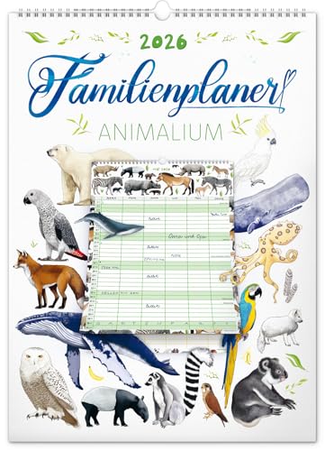 NOTIQUE Wandkalender XXL 2026 - Monatsplaner Verwendbar als Familienplaner mit 6 Spalten - Monatskalender Monatlicher Planer Kalender Familienkalender 33x46 cm (Animalium)