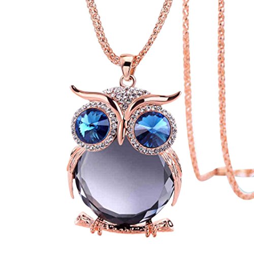 Challyhope Lucky Cute Owl Pendant Crytal Graceful Sweater Chain Long Necklace Jewelry Gifts for Womens Girls (Rose Gold + Grey, Alloy)