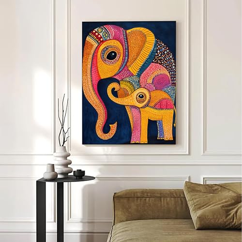 Image of PAINTINGMANTRA Gond Art of Elephants Wall Decor Print Multicolor | Canvas Painting Stretched on Wood | Suits For Living Room, Bedroom, Hallways (16x22 Inch)