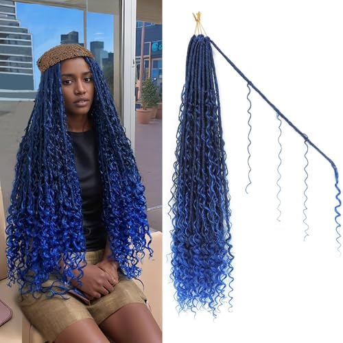 Boho Goddess Locs Crochet Hair - 9 Packs Blue Soft Locs 30 inch, Ombre Blue Boho Faux Locs Crochet with Curly Ends, Crochet Goddess Braid for Black Women, River Hair with Curls(30Inch, TBlue)