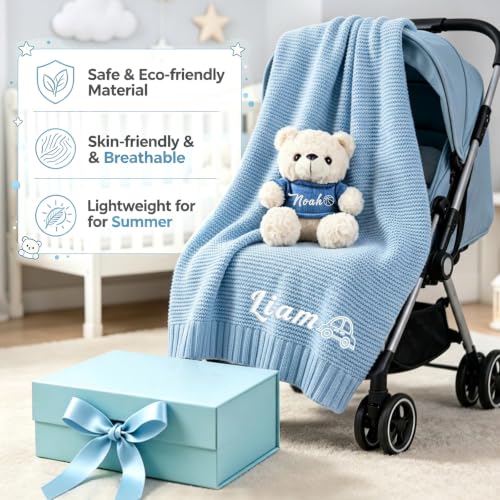 Image of Personalized Baby Blanket with Optional Teddy Bear, Custom Knit Blanket Embroidered with Name, 30x40in Custom Baby Gifts for Boys and Girls, Newborn for Boy /Girl