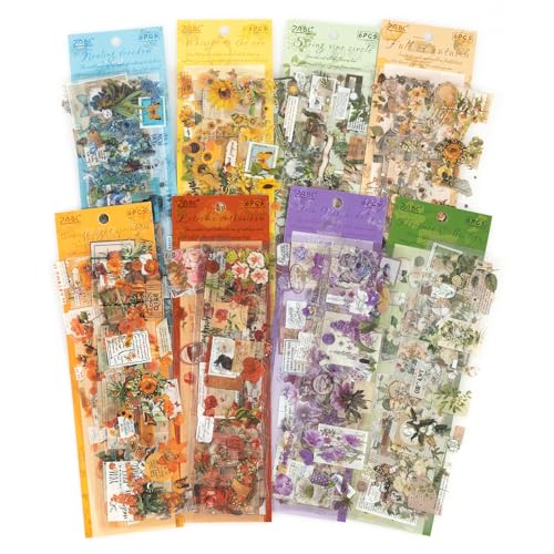 RISYPISY 48 sheets/555pcs Journaling Stickers Vintage Floral Botanical Scrapbook Sticker Small Transparent Cottage core Waterproof Decals for Planner Bullet Journal Card Making Collage