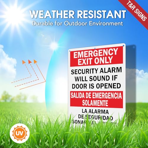 Image of T&R Large Emergency Exit Only Bilingual Sign Security Alarm Will Sound If Door Is Opened - 2 Pack - 14 x 10 Inches Rust Free .040 Aluminum Reflective - UV Protected, Waterproof, Weatherproof and Fade Resistant - 6 Pre-drilled Holes