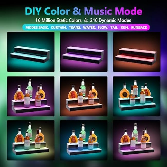 Led Lighted Liquor Bottle Display Shelf, 24 Inch 2 Tier Whiskey Rack, Support USB, Bar Stand with RF Remote & App Control, Illuminated Acrylic Lighting Shelves for Home Bar, Party