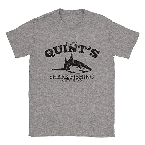 Quints Shark Fishing Mens T-Shirt Medium Grey Jaws Funny Vintage Look Gift Movie Top